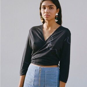 Paloma Wool Black Wrap Crop Top with Subtle Print